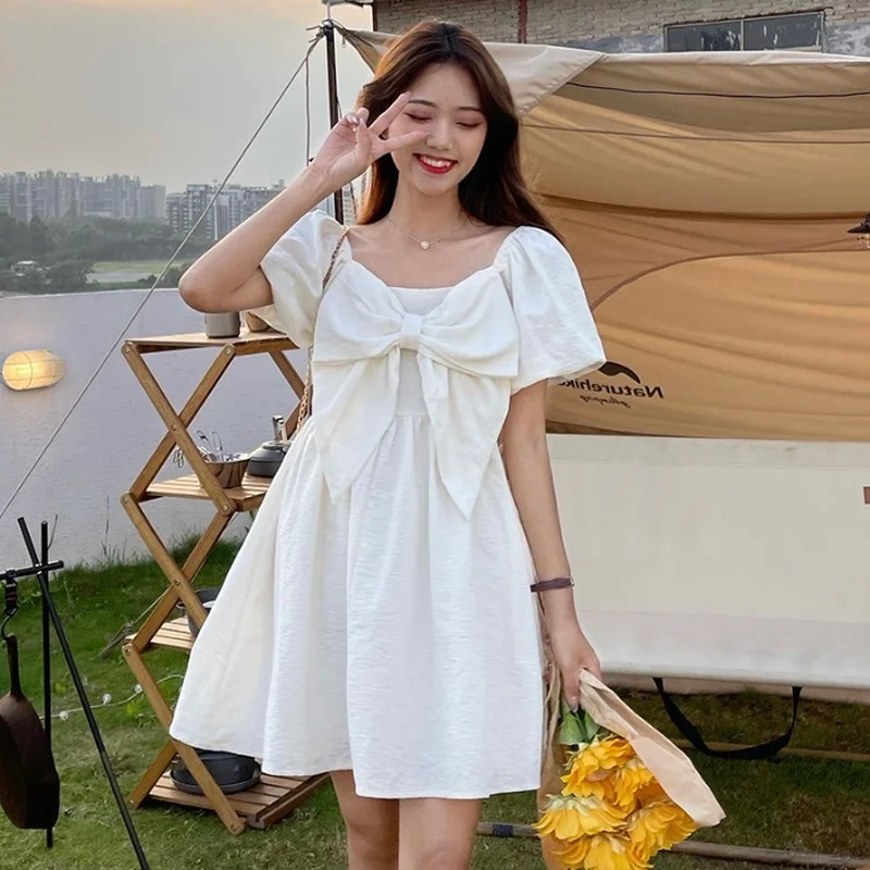 

Fashion Korean Version Women's Clothing Sweet Bow A-line Skirt High Waist Slim Slimming Mini Dresses 2021 Summer New Style