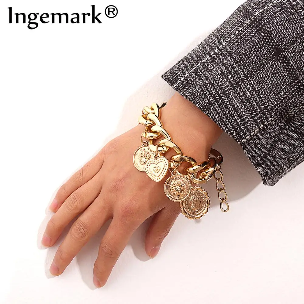 

Ingemark Punk Carved Coin Heart Bracelet Bangle Bohemian Circle Thick Chain Tassel Pendant Bracelet for Women Goth Jewelry