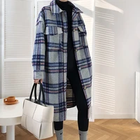 women winter woolen coats 2020 female plaid print retro warm thick long jacket outercoats korean style outwear q6