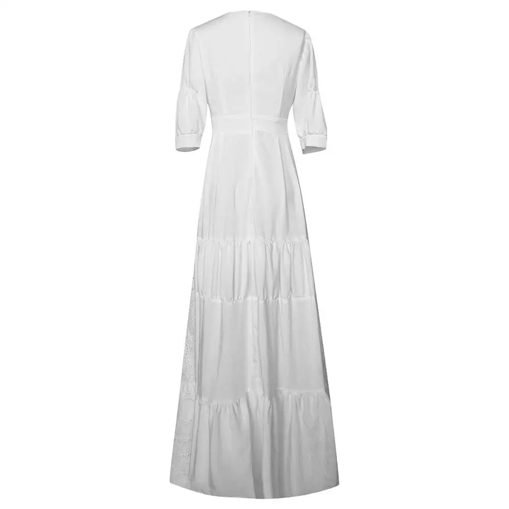 Женское кружевное платье макси белое вечернее с глубоким v образным вырезом и