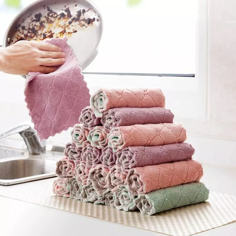 

2021 Kitchen Microfiber Cleaning Cloth Rags Water Absorption Non-Stick Oil Washing Towel Household Cleaning Wiping Tools
