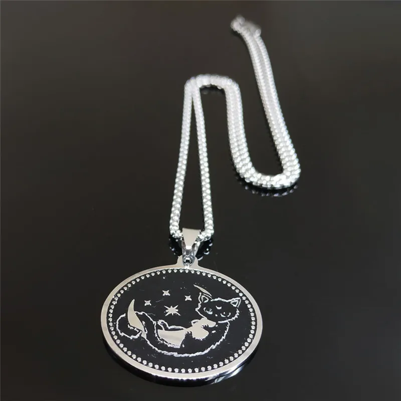 Женское Ожерелье из нержавеющей стали AFAWA Moon and Cat цепочка серебряного цвета