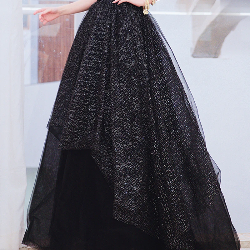 

Black Luxury Evening Dress Illusion Strapless Ball Gown Lace Tulle Sequined Spaghetti Strap Sleeveless Lady Formal Dresses TS202