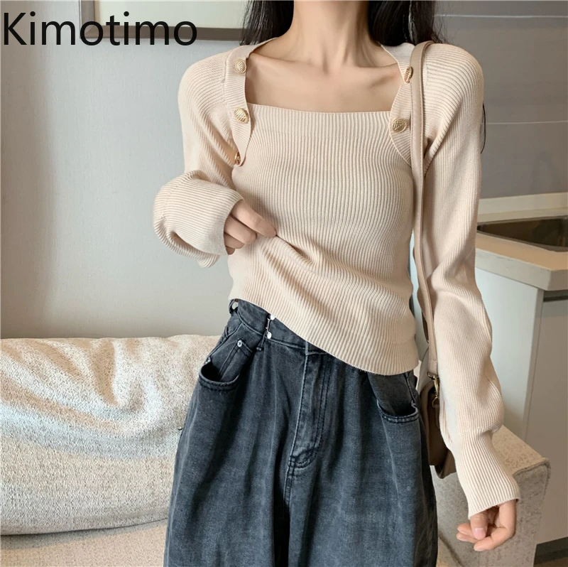 

Kimotimo Vintage Sweater Women 2021 Fall Fashion Buttons Base Long-sleeved Pullover Korean Ins All-match Solid Slim Sweaters