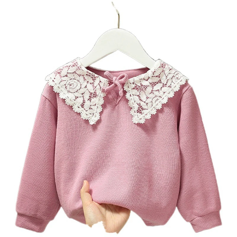 

Children Base Pullover Baby Girls 2021 Spring Autumn Clothes Long Sleeve Casual Tops 0-5 Years Kids Princess Lace Edge Shirt