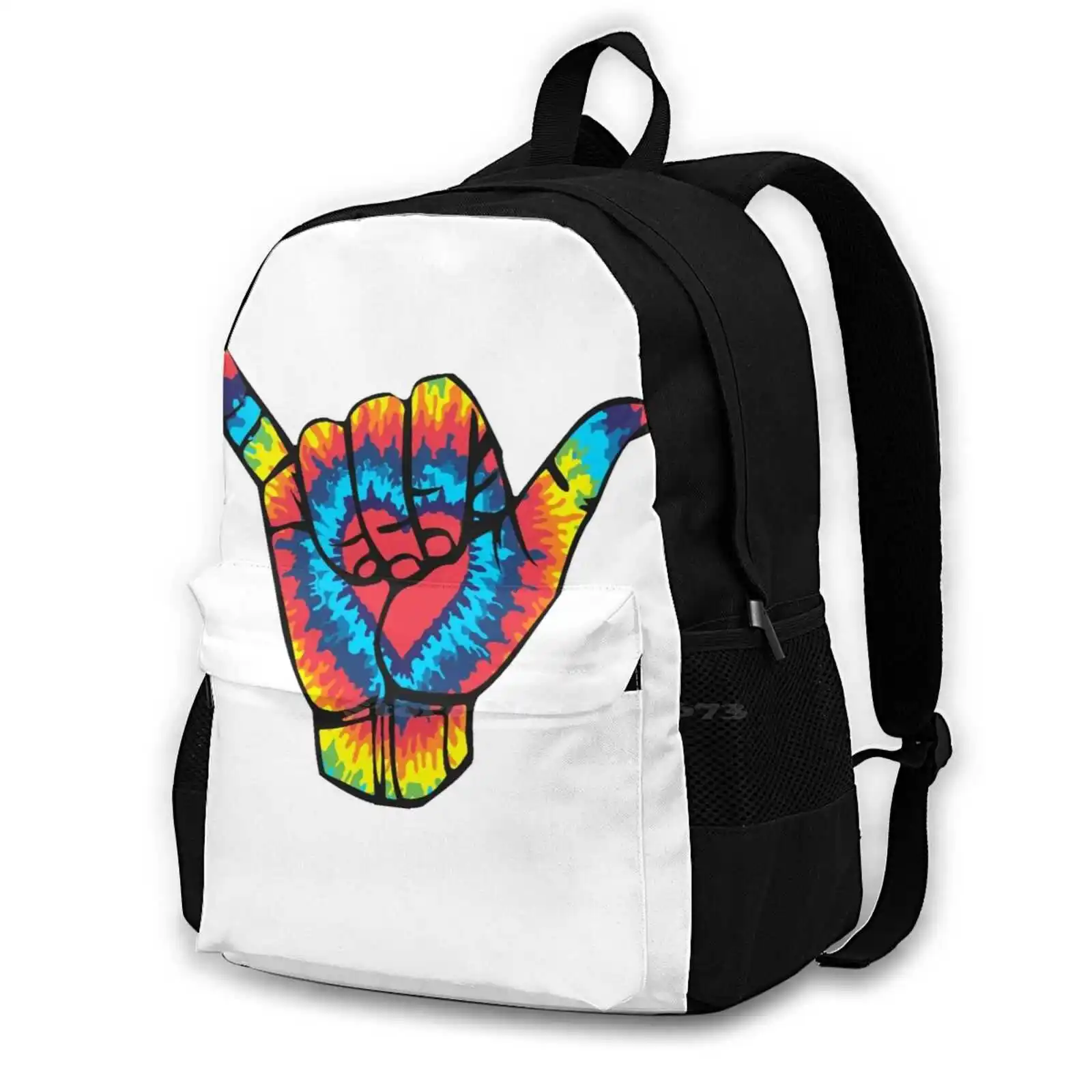 

Tie Dye Hang Loose Colorful Shaka Surf Culture Fashion Travel Laptop School Backpack Bag Shaka Hang Loose Surf Culture Hand
