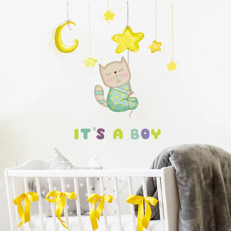 

Cute Cartoon Animal Wall Sticker for Kids Baby Bedroom Nordic Style Vinyl Decorative Wall Cat Moon Stars Home Decor