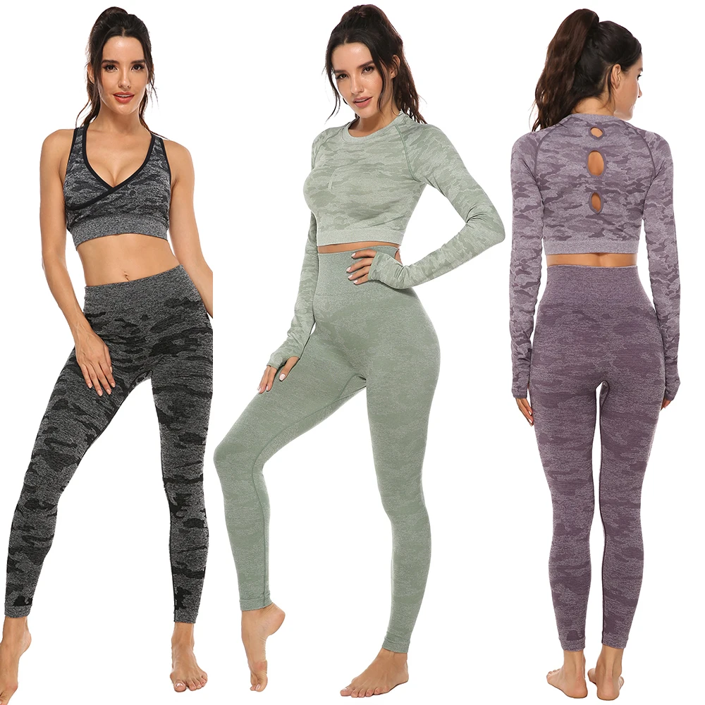 

2PCS Seamless Women Yoga Set Workout Sportswear Gym Clothing Fitness Long Sleeve Crop Top High Waist Running Leggings Suits