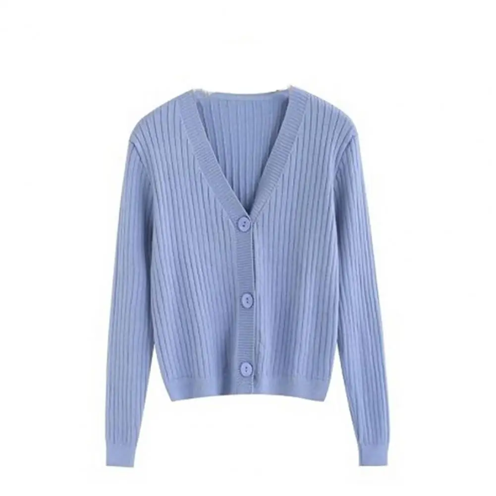

Women Autumn Solid Color Long Sleeve V Neck Buttons Ribbed Knitwear Slim Blouse