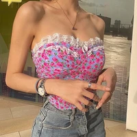 spring fashion new womens cottagecore lace collar beauty back y2k top flower print short wrap chest crop top womens clothing