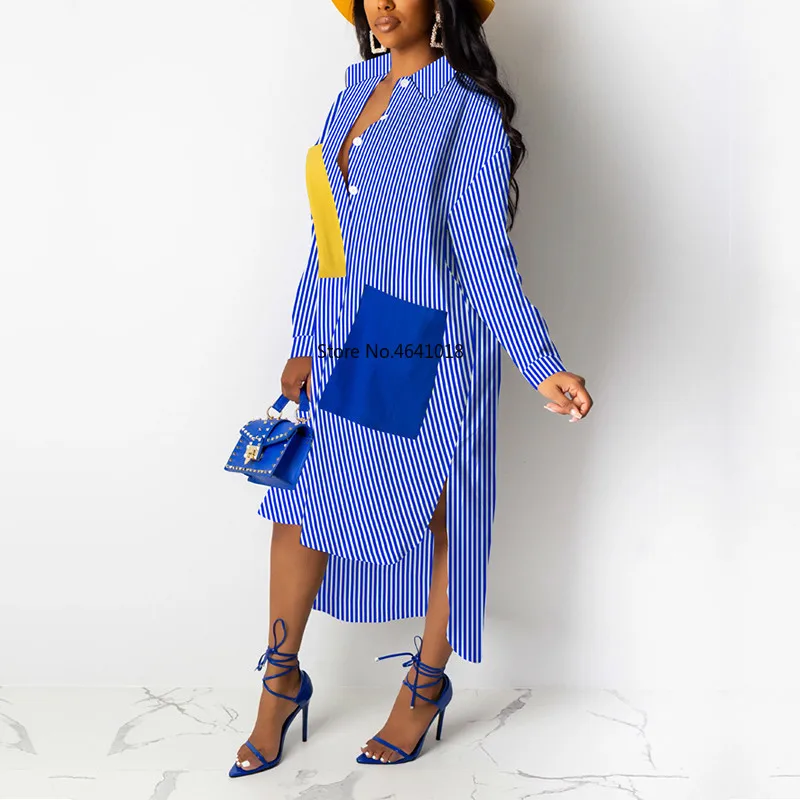 Женское свободное платье рубашка в полоску с длинным рукавом повседневная