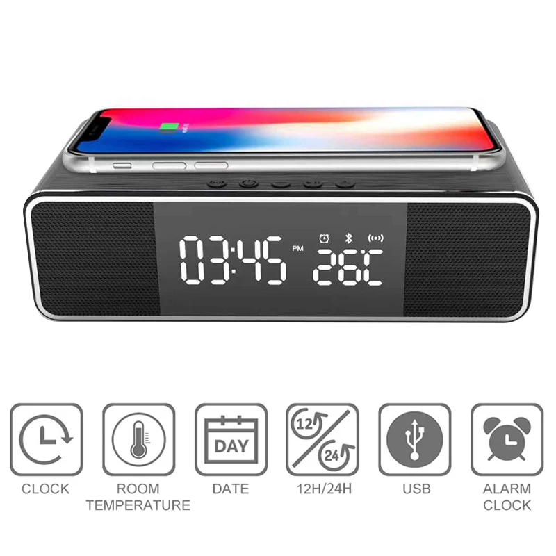 

3 In1 LED Electronic Alarm Clock Wireless Mobile Phone Charging BT Speaker FM Radio BT Speaker Adjustable Brightne