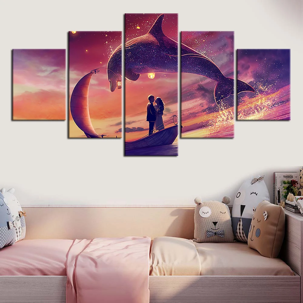 

5 Pieces Fantasy Art Dolphin Oil Painting Canvas Art Animal HD Wallpaper Home Decor Wall Stickers Landscape Painting with Frame