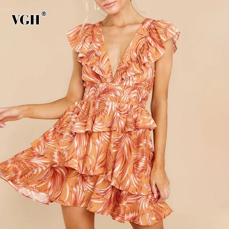 

VGH Floral Print Patchwork Ruffle Dress For Women V Neck Short Sleeve High Waist Summer Dresses Female Fashion New Clothing 2021