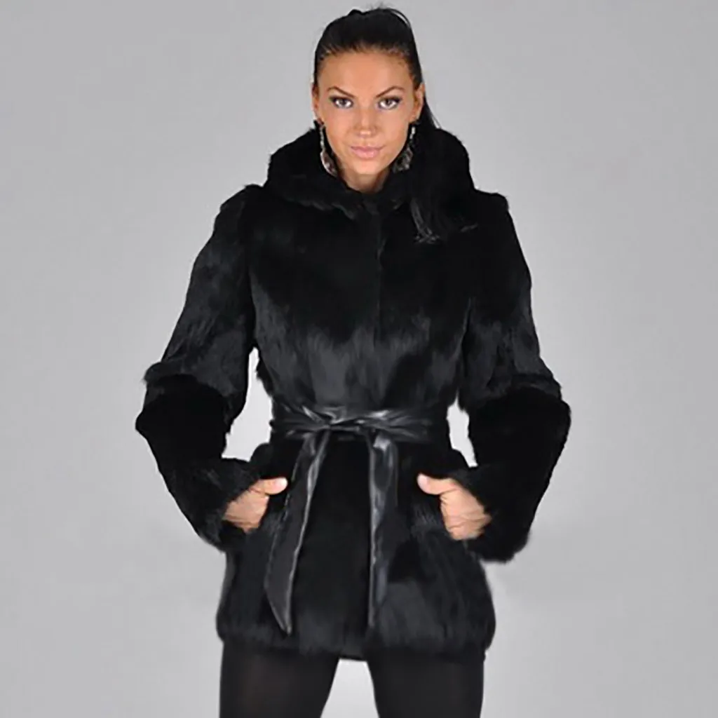 Женское пальто из искусственного меха, большие размеры, зимнее пушистое плюшевое пальто, модное однотонное пальто с капюшоном и поясом, теплая мягкая верхняя одежда, парка Campera