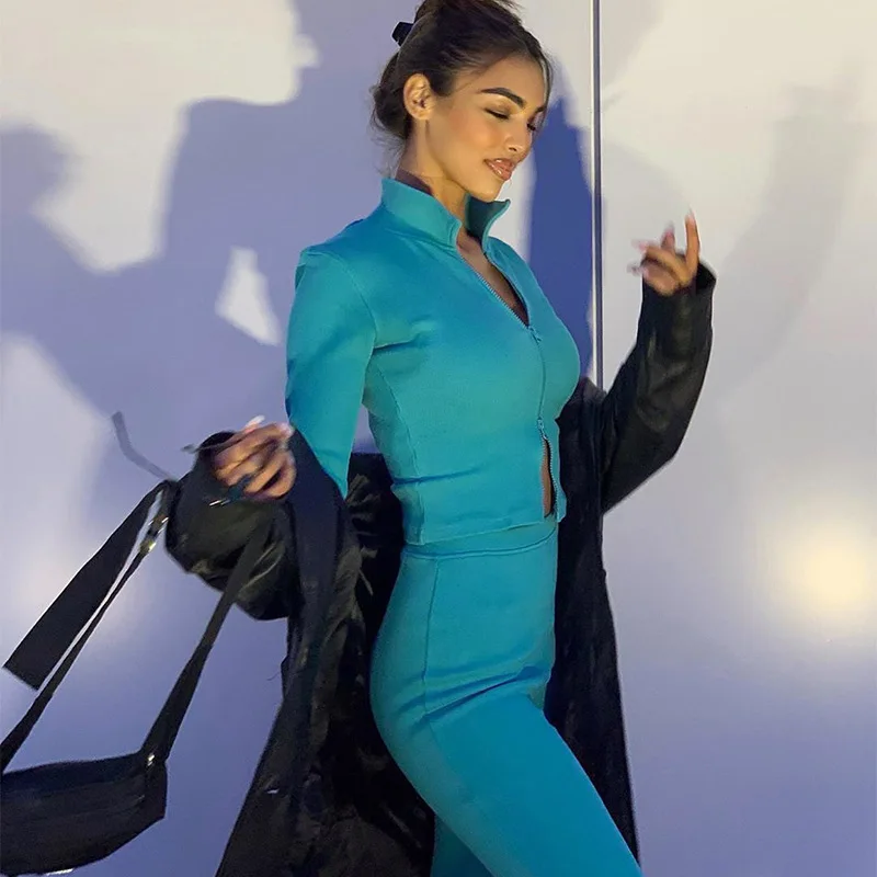 

2020 New Cropped+Sweatshirt Tight 2 Piece Sets Casual Long Sleeve Stand Collar Suit Zipper Blue Outfits Autumn Femme Clothing