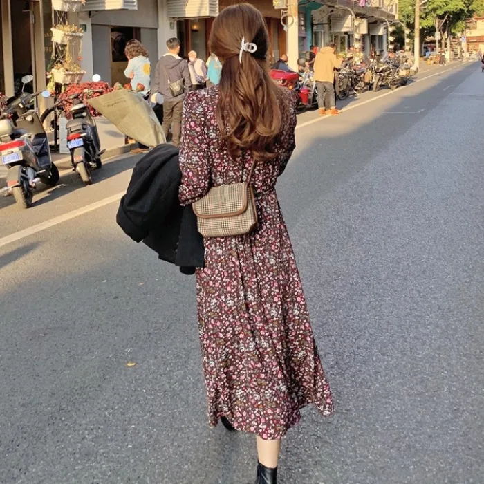 

South Korea Ins Elegant Vintage Floral Dress Autumn and Winter Bandage Dress Lace-up Long Sleeve Underwear Mid-Length Dress