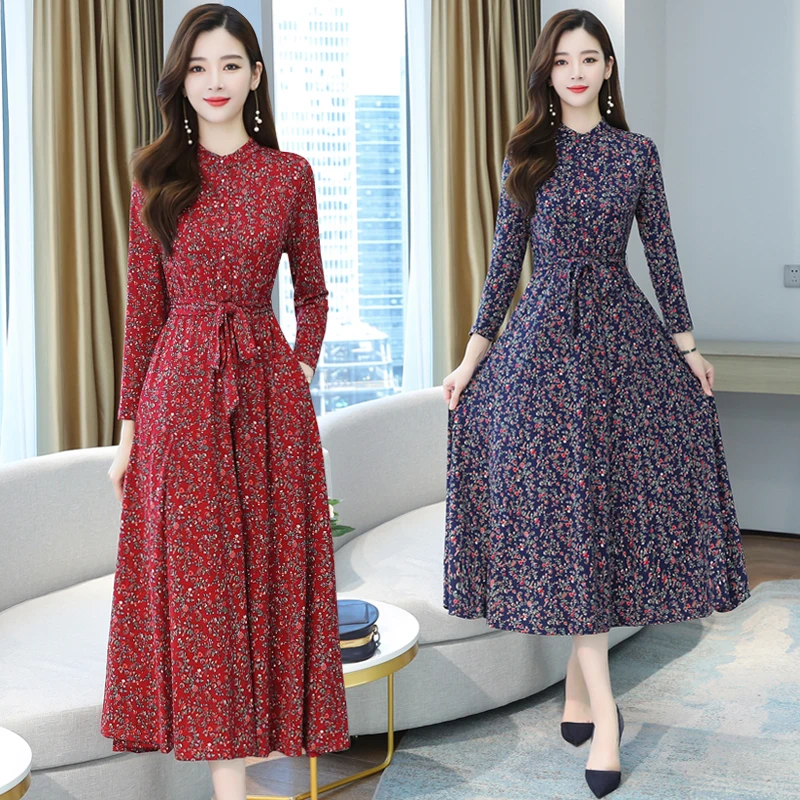 

Women Knitted Long Floral Dress Autumn Spring 2020 Runway Korean Long Sleeve Dresses Boho Elegant Casual Party Dress Plus Size
