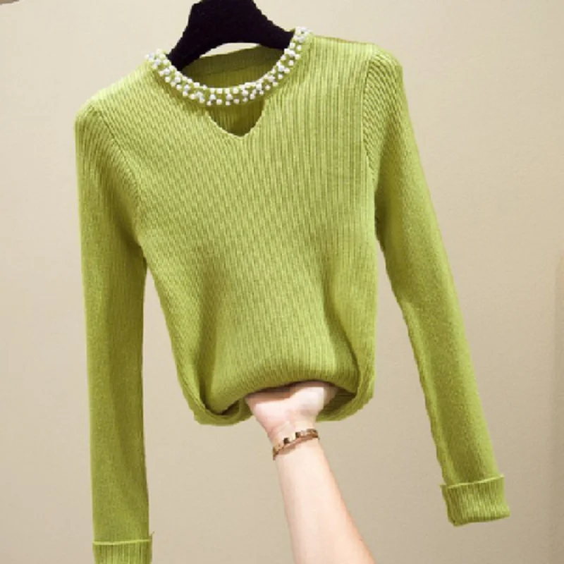 V-neck Knitted Sweater Solid Women 2021 Autumn Long Sleeve Hollow Korean Pullover Thin Slim Beading Bottoming Coat 10610 | Женская