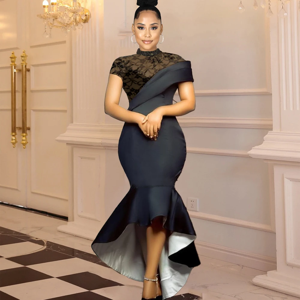 

New 2021 Summer Elegant OL Ruffle Hollow Lace Dress Black Sexy Trumpet / Mermaid Vestidos Lady Evening Party Dresses