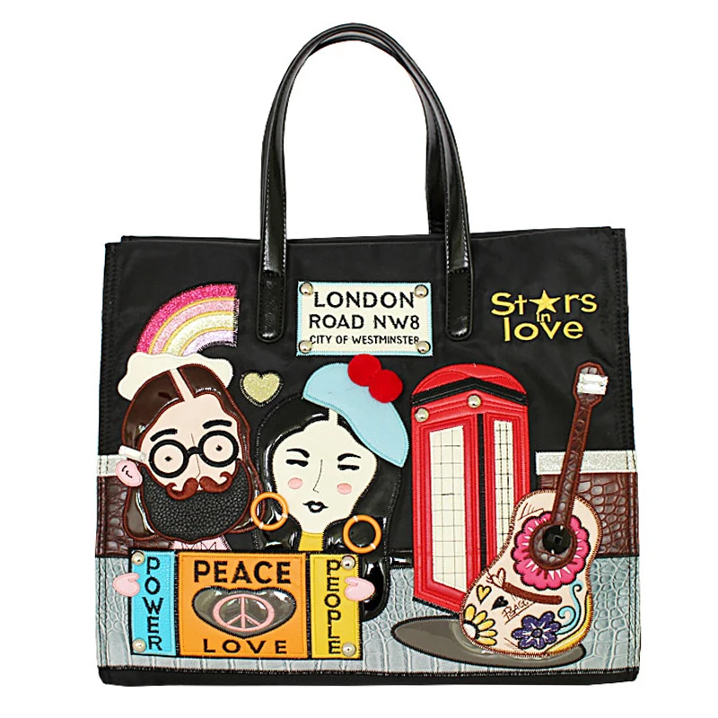Women Bags Leather Patchwork Embroidery Handbags Girl Shoulder Bags Messenger Bag Totes Braccialini Style Cartoon Star Love