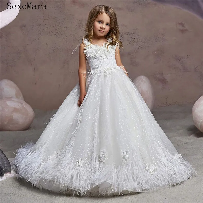 Beaded Feather Girls Pageant Dresses Jewel Neck 3D Appliqued Princess Flower Girl Dress Sweep Train First Communion Dress