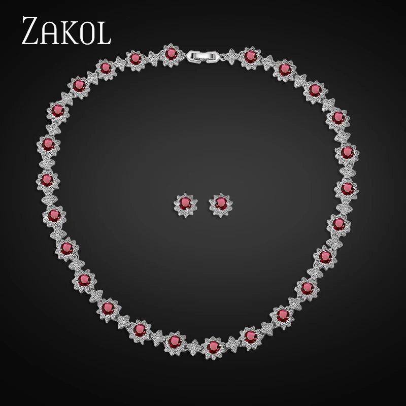 ZAKOL ослепительный AAA Круглый Цирконий цветок наборы свадебных ювелирных изделий для элегантных женщин вечерние платья FSSP121 - Окраска металла: Red