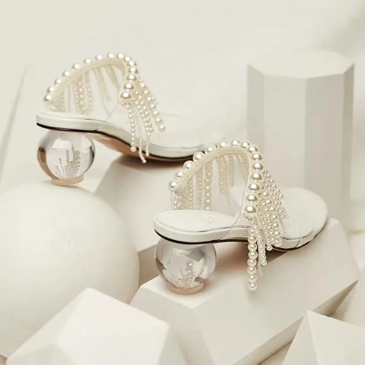 

Hot Sale Womens Peep Toe Clear Transparent Pearls Tassels Slippers Crystal Ball Heel Shoes Slides Sandals Slingbacks New 2022