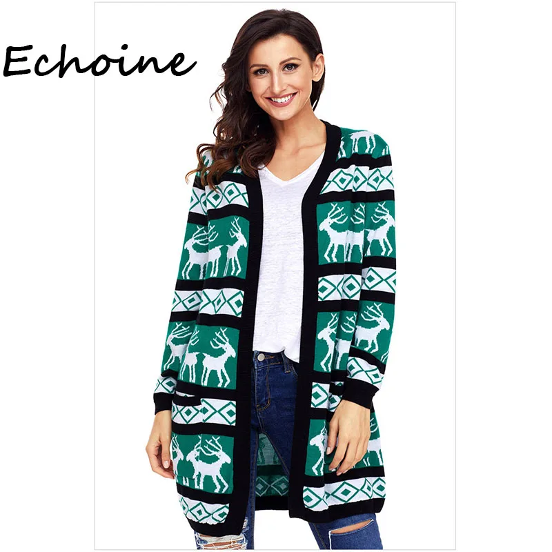 Женский вязаный кардиган с принтом Свободное длинное пальто на осень и зиму