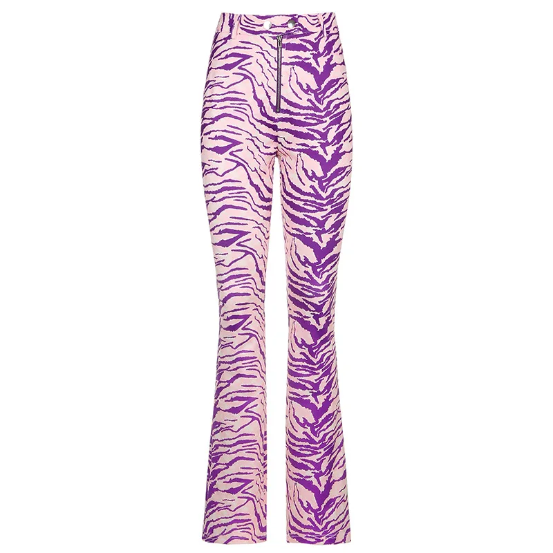 

2021 Zebra Print Pants Y2K Full Length Purple Trousers High Waist Zipper Cargo Pants Animal Women Party Outfits Clubwear