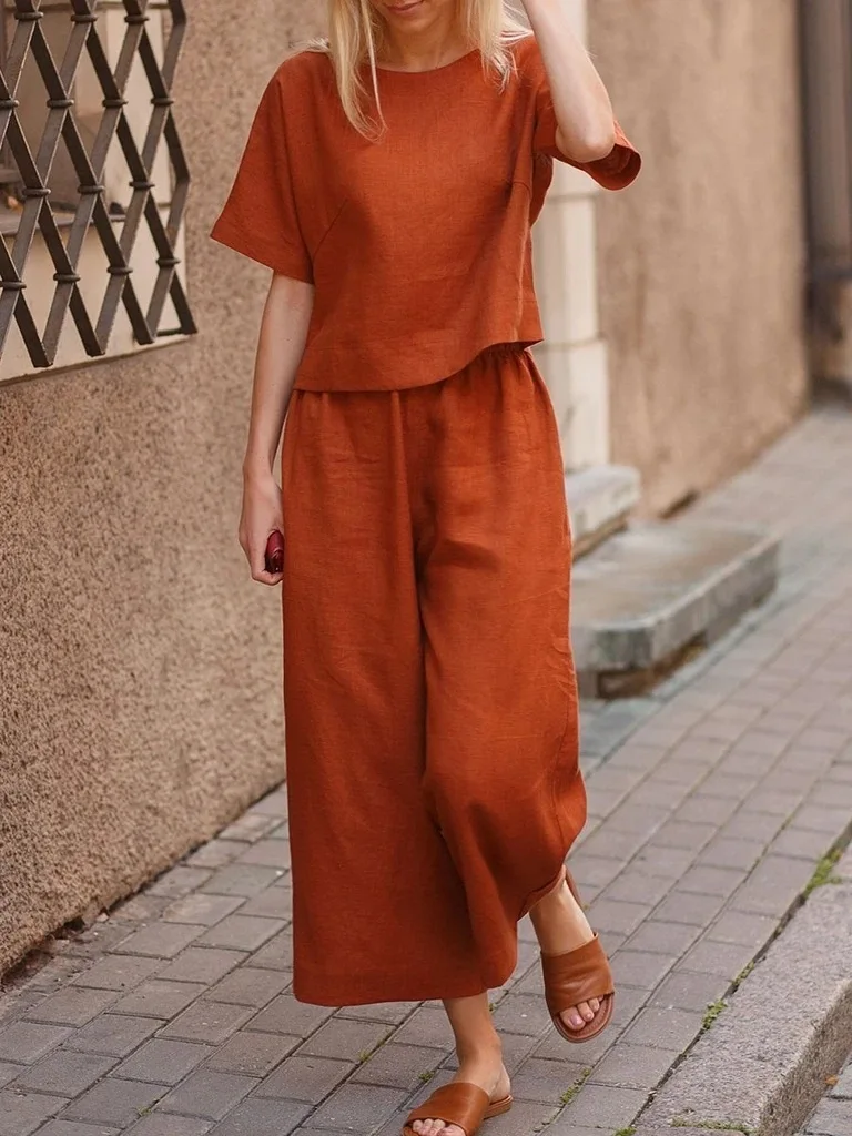 

Elegant Suit Woman 2021 Linen Casual Loose Solid Color Woman Round Neck Short Sleeve + Wide Leg Pants Loose Two-Piece Suit