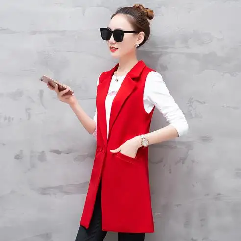 Без рукавов весна осень костюм куртка Женский Длинный блейзер жилет размера плюс