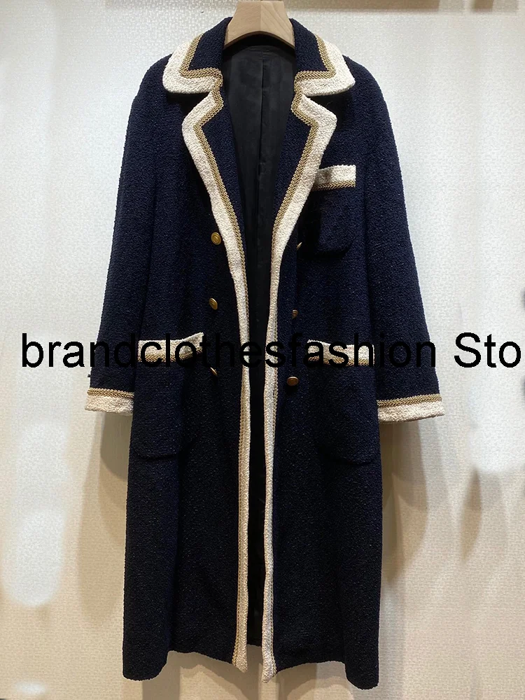 

Classic Blue Contrast White Fashion Tweed Loose Long Jacket Women High Quality Belt Temperament Overcoat Lady 2021 Autumn Winter