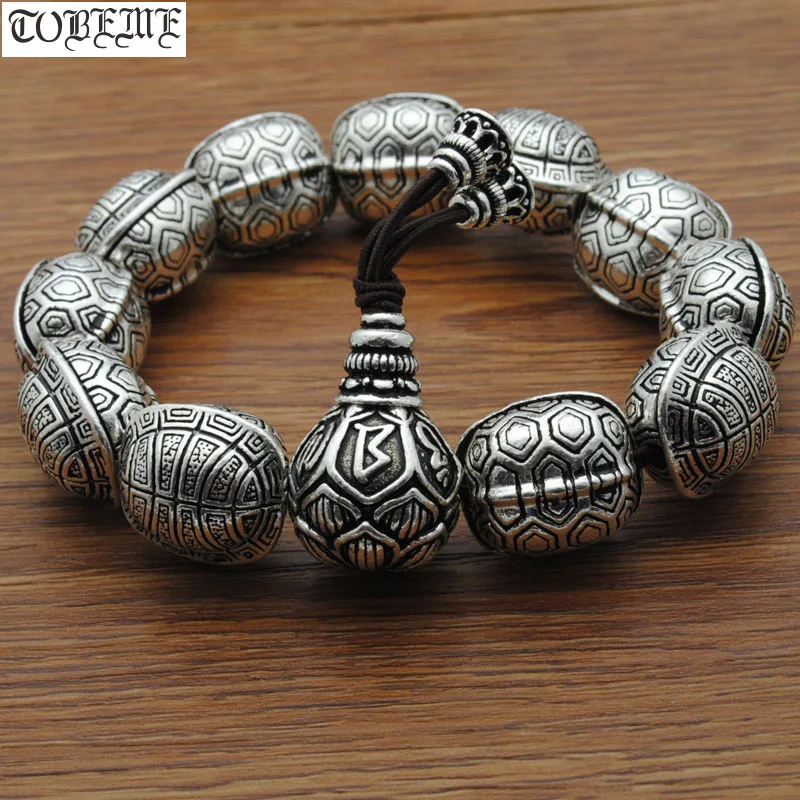 

100% 999 Silver Turtle Beaded Bracelet Fengshui Lucky Turtle Beads Man Bracelet Good Luck Longevity Tibetan Mala Bracelet