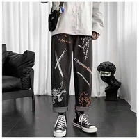 korean pants jeans cartoon dinosaur graffiti mens streetwear hip hop cargo oversized trousers mens black denim pants overalls