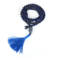 women men 108 mala beads lapis lazuli irregular natural stone blue tassel pendant necklace 8mm beads stand healing reiki jewelry
