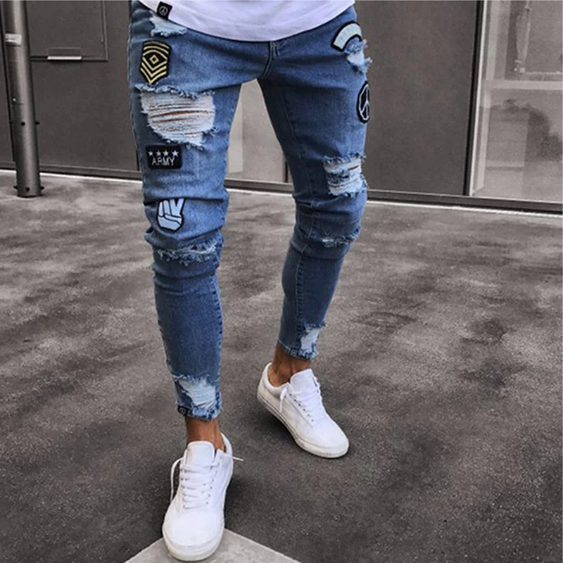 men jeans Men Stretchy Ripped Skinny Biker Jeans Destroyed Hole Taped Slim Fit Denim Scratched High Quality Jeans for men