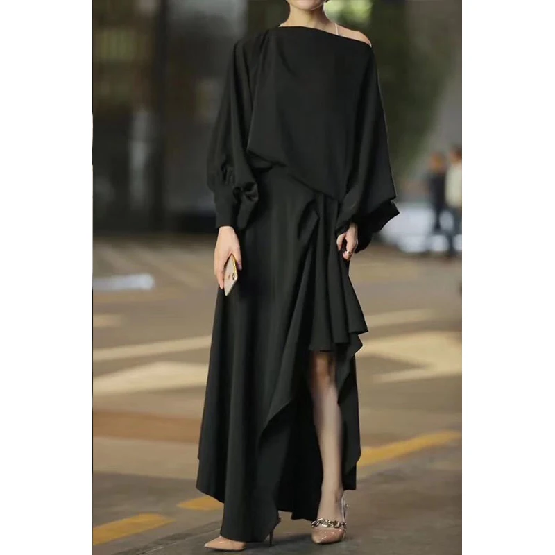 

2021 Spring Autumn Summer New Women's Elegant Women's Long Sleeve Off-Neck Irregular Skirt Urban Leisure Retro Dress