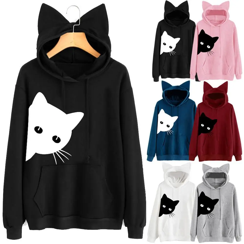 

Dropshipping Ladies cat ear long-sleeved hooded sweater Women's Cute Hooded Sweatshirt Kawaii