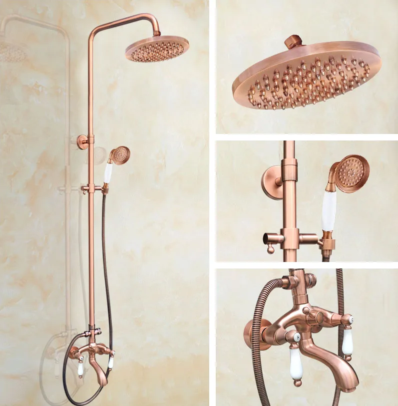 

Antique Red Copper Brass Dual Ceramic Handles Bathroom 8 Inch Round Rain Shower Faucet Set Tub Mixer Tap Hand Shower mrg566