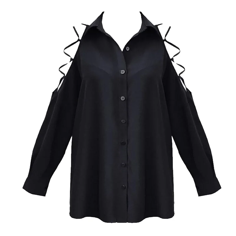 

2021 Gothic Punk Women Off Shoulder Lace up Crop Black Blouse Female Black Sexy Loose Tops V Collar Cool Girl Punk Rock