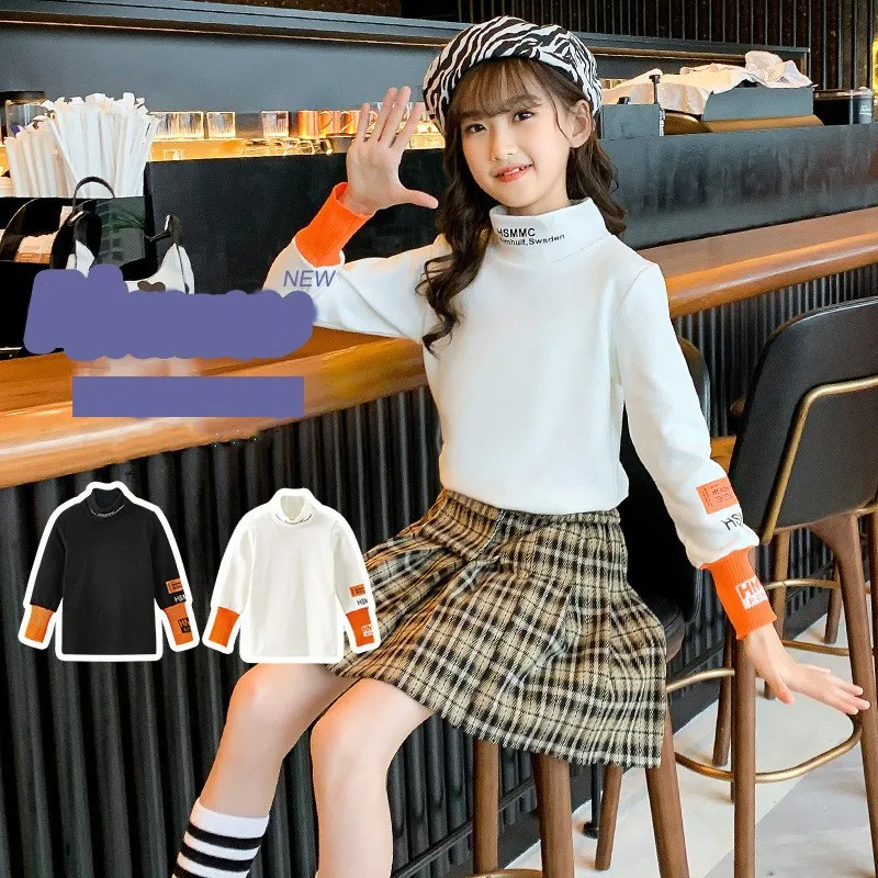 

Топы для девочек-подростков, осенние детские черные, белые хлопковые футболки с длинным рукавом, модная Толстовка для подростков, одежда дл...