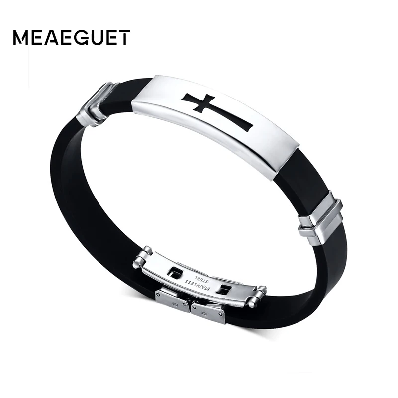 Крест Мужские браслеты черный резиновый ремешок стиль нержавеющая сталь
