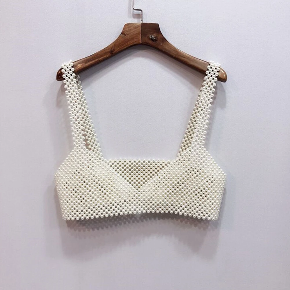 

Fashion Women Crochet Pearls Tank Top Bralette Bra Boho Beach Crop Tops Classic Sleeveless Strap V-Neck Pearls Vest 2021
