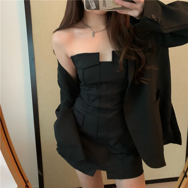 

Hong Kong Style Sexy Tube Top Package Hip Dress for Women Summer Spring 2021new Design Sense Niche Suit Black Dress