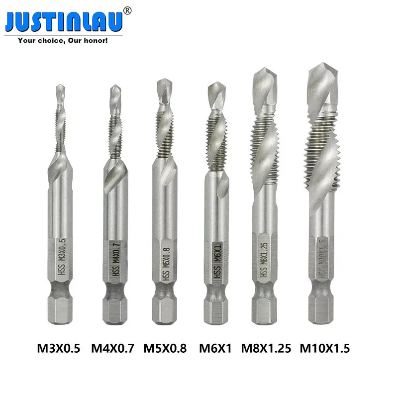 

6pc Spiral Flute Hss Combination Countersink Screw Tap Drill Bit Set M3-M10 Deburr Set Metric Combination Bit High Speed Steel