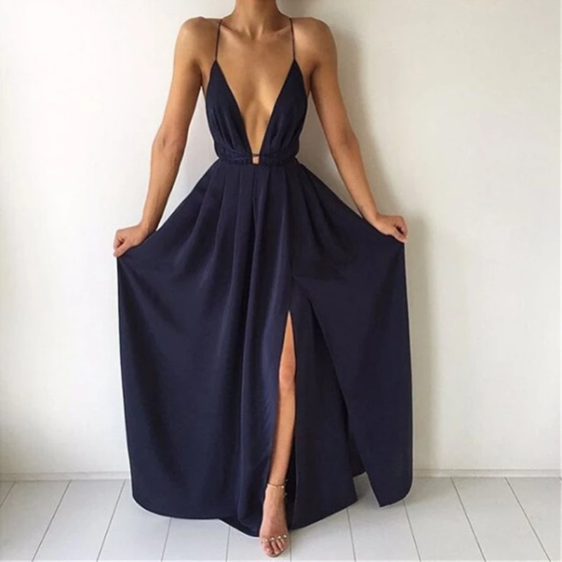 

Women's long skirt, deep V-neck sexy dress, sleeveless, thin shoulder strap, open back, high opening