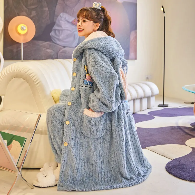 

Coral Fleece 2PCS Pajamas Suit Cute Flannel Robe Sets Home Clothes Lady Winter New Robe&Pants Intimate Lingerie Casual Bathrobe