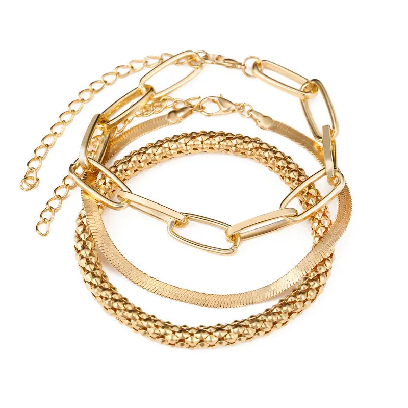 

3PCS/SET Women Bracelets Boho Vintage Gold Geometric Chain Linked Punk Bracelet Set Beach Female Fashion Bangles Jewelry