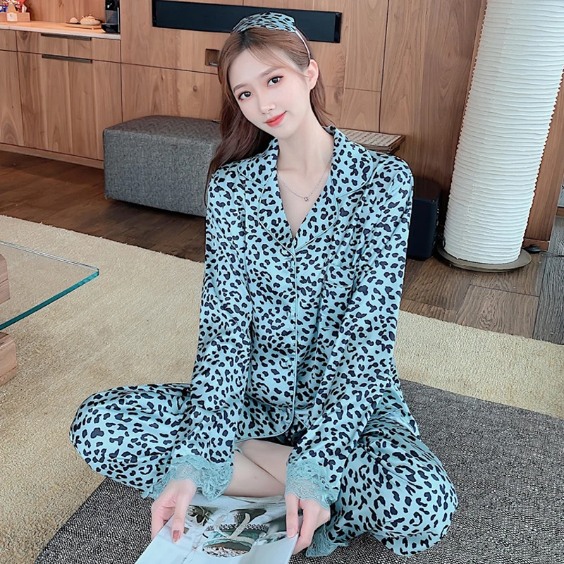 

Pajama Suits Women Ice Silk Spring Sleepwear Long Sleeve Sleep Tops Trousers Set Printing Fashion Womens Pijama Autumn